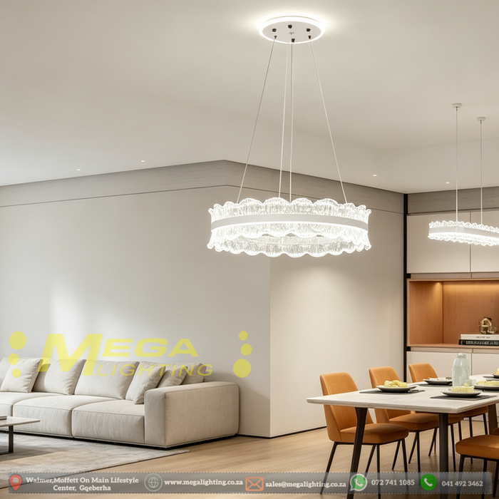 MG‑2626‑500 luxury 50cm ring LED pendant light wavy scalloped crystal detailing adjustable height MEGA LIGHTING South
