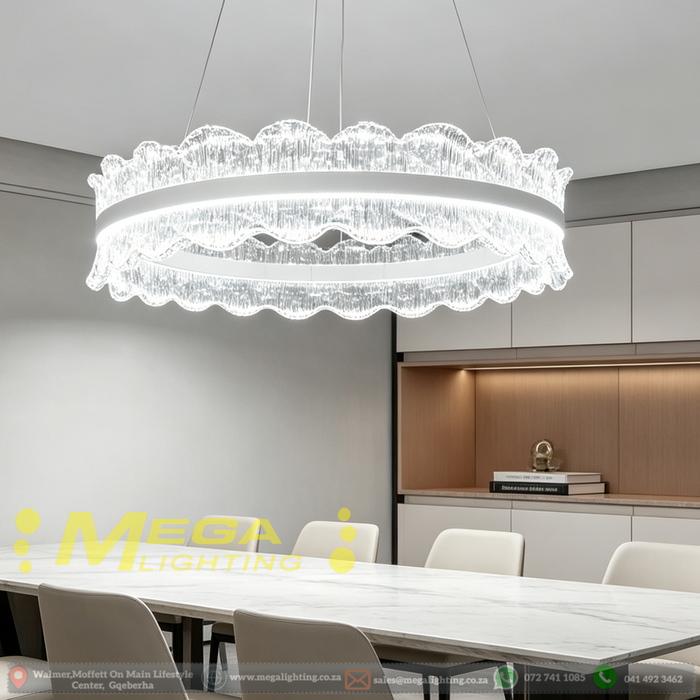 MG‑2626‑500 luxury 50cm ring LED pendant light wavy scalloped crystal detailing adjustable height MEGA LIGHTING South