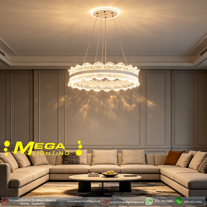 MG‑2626‑500 luxury 50cm ring LED pendant light wavy scalloped crystal detailing adjustable height MEGA LIGHTING South
