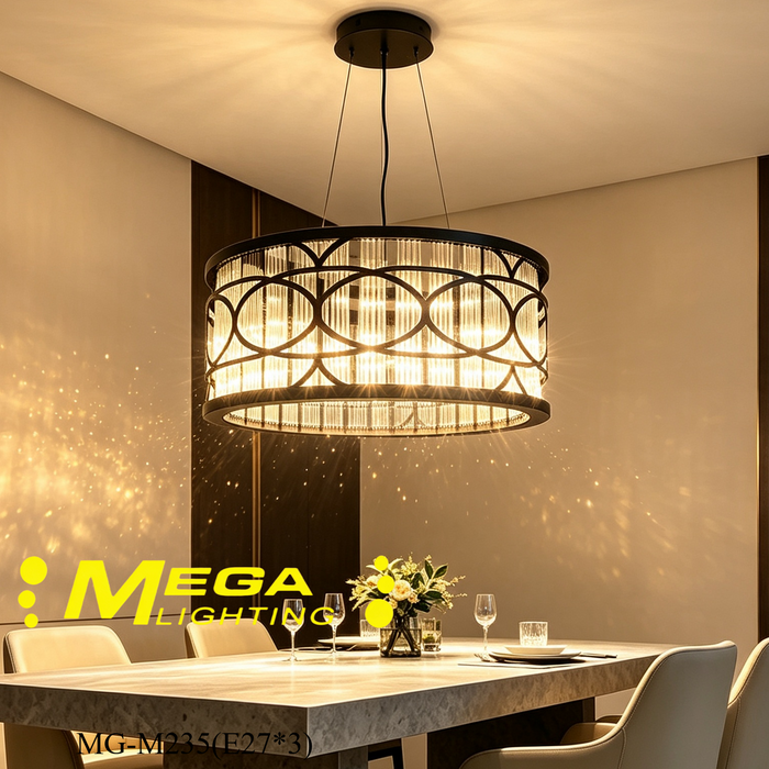 Luxury round crystal pendant‑light matte‑black metal clear vertical‑crystal‑strips adjustable suspension 3xE27 MEGA LIGHTING South Africa