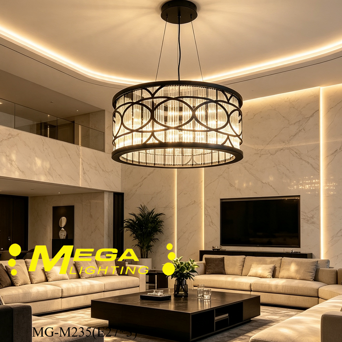 Luxury round crystal pendant‑light matte‑black metal clear vertical‑crystal‑strips adjustable suspension 3xE27 MEGA LIGHTING South Africa