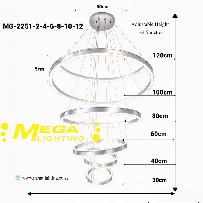 Modern Multi-Ring LED Spiral Chandelier | 6 Rings 20–120cm | 3 Colour Temperature 3000K/4000K/6500K | Adjustable Pendant Light for Staircase, Lobby & High Ceiling | MEGA LIGHTING South Africa
