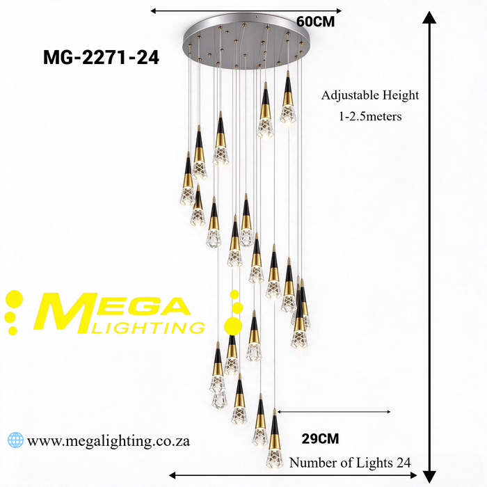 Cascading Crystal Chandelier with 24 teardrop pendants, 2.5m adjustable suspension 3‑colour LED high‑ceiling villa staircase light MEGA LIGHTING South Africa