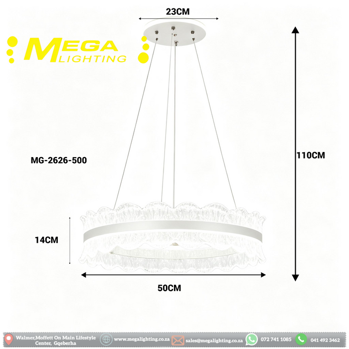 MG‑2626‑500 luxury 50cm ring LED pendant light wavy scalloped crystal detailing adjustable height MEGA LIGHTING South