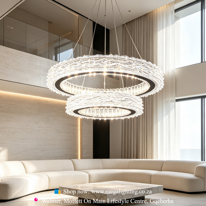 2-Tier Double Ring Crystal LED Chandelier 60/40cm 3-Colour Dimmable 100cm Adjustable Height Luxury Pendant Light MEGA LIGHTING South Africa