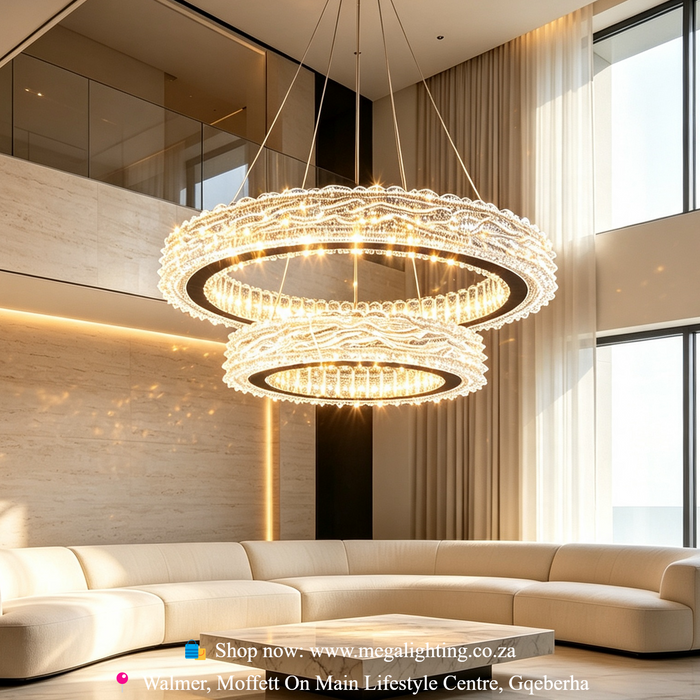 2-Tier Double Ring Crystal LED Chandelier 60/40cm 3-Colour Dimmable 100cm Adjustable Height Luxury Pendant Light MEGA LIGHTING South Africa