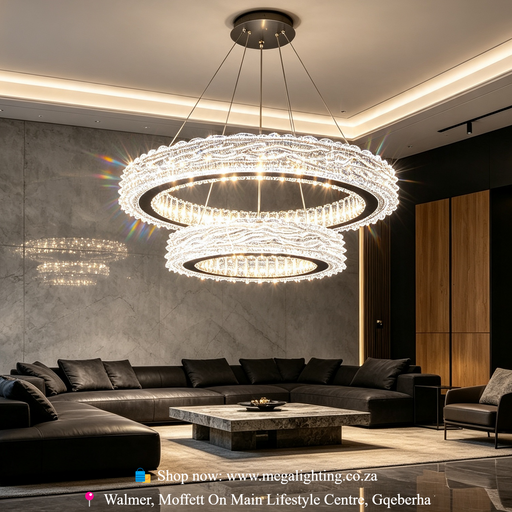 2-Tier Double Ring Crystal LED Chandelier 60/40cm 3-Colour Dimmable 100cm Adjustable Height Luxury Pendant Light MEGA LIGHTING South Africa