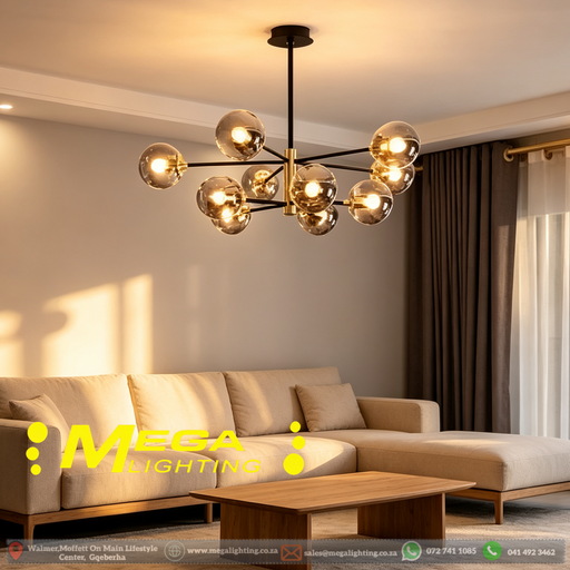 MG‑7005/10 Sputnik 10‑light chandelier smoke mirror glass black gold frame high ceiling villa foyer MEGA LIGHTING South Africa