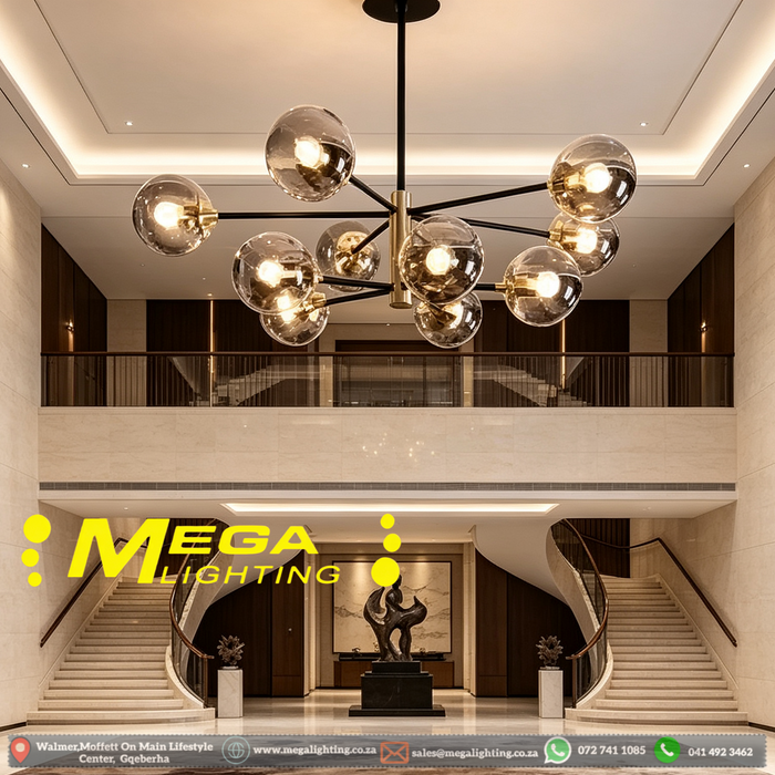 MG‑7005/10 Sputnik 10‑light chandelier smoke mirror glass black gold frame high ceiling villa foyer MEGA LIGHTING South Africa