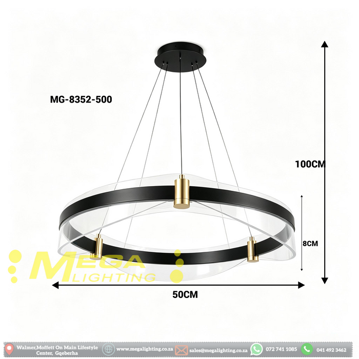 MG‑8352‑500 modern ring LED pendant light 50cm black‑gold frame clear acrylic shade adjustable 100cm height MEGA LIGHTING South Africa