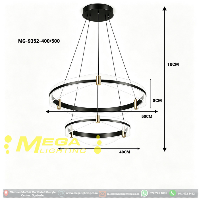 MG‑9352‑400/500 double‑ring LED pendant light 50cm+40cm black‑gold clear acrylic shades adjustable height MEGA LIGHTING South Africa