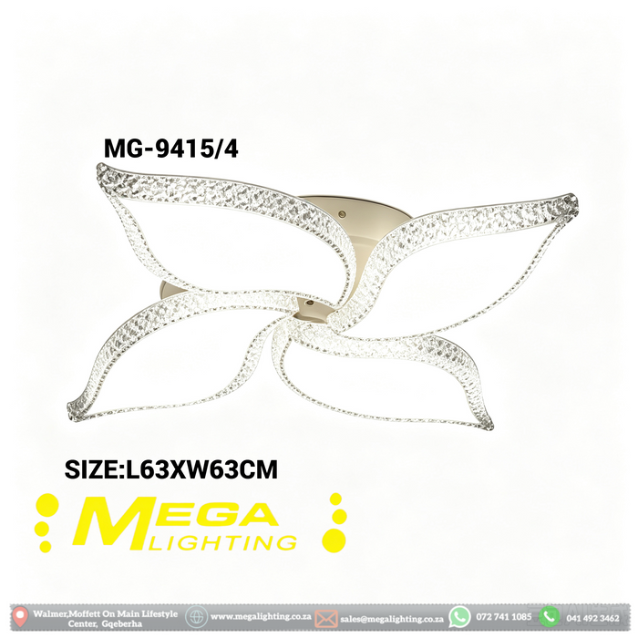 4 Flower-Shaped LED Ceiling Light – L63 × W63cm | Crystal‑Edge Petal Design | 3‑Colour Switchable (3000K/4000K/6500K) | Wall Switch Control – No Remote | Flush Mount for Living Room, Bedroom, Dining & Hallway | MEGA LIGHTING South Africa