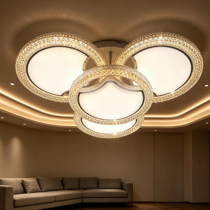 Modern 4‑Ring Crystal LED Ceiling Light – 63×63cm | 3‑Colour Switchable (3000K/4000K/6000K) | Interlocking Crystal Rings | Flush Mount for Living Room, Bedroom & Dining Room | MEGA LIGHTING South Africa