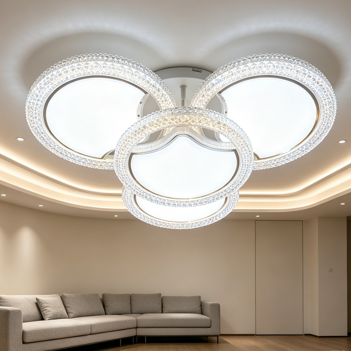 Modern 4‑Ring Crystal LED Ceiling Light – 63×63cm | 3‑Colour Switchable (3000K/4000K/6000K) | Interlocking Crystal Rings | Flush Mount for Living Room, Bedroom & Dining Room | MEGA LIGHTING South Africa