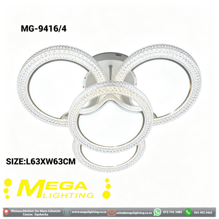 Modern 4‑Ring Crystal LED Ceiling Light – 63×63cm | 3‑Colour Switchable (3000K/4000K/6000K) | Interlocking Crystal Rings | Flush Mount for Living Room, Bedroom & Dining Room | MEGA LIGHTING South Africa