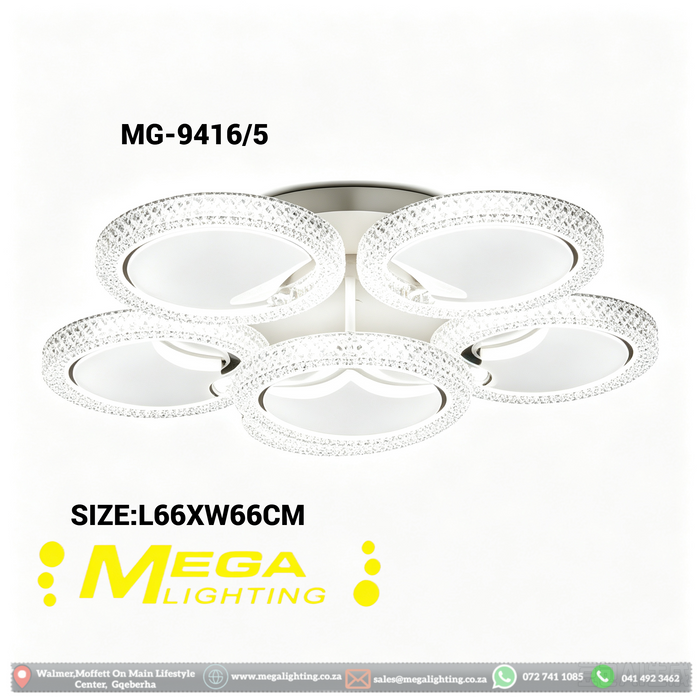 MG-9416/5 5‑Ring Crystal LED Ceiling Light – L66×W66cm | 3 colour temperatures – controlled by wall switch (3000K/4000K/6500K) | Sparkling Crystal Texture | Flush Mount for Living Room, Master Bedroom & Dining Room | MEGA LIGHTING South Africa
