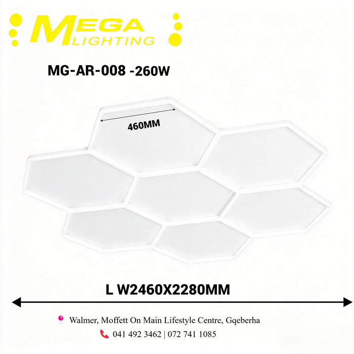 LED Honeycomb Light | 7-Cell Hexagonal Ceiling Light | 24.6cm × 22.8cm | 260W | 6500K Cool White | Commercial Lighting for Car Wash, Salon, Workshop &amp; Showroom | MEGA LIGHTING South Africa
