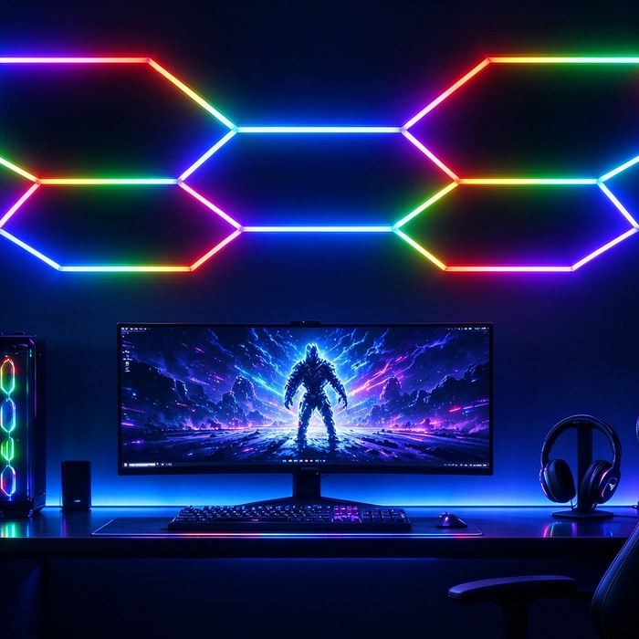 Luxn 5 Hexagon RGB LED Ceiling Lights, 168W colour changing hex panel neon lighting for gaming room, salon and barbershop, Mega Lighting South Africa