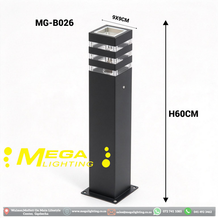 Square Garden Bollard Light – 9×9cm × H60cm | Matte Black Aluminium + Clear PC | E27 Socket (Bulb Not Included) | Weatherproof Outdoor Lighting for Garden, Pathway &amp; Driveway | MEGA LIGHTING South Africa