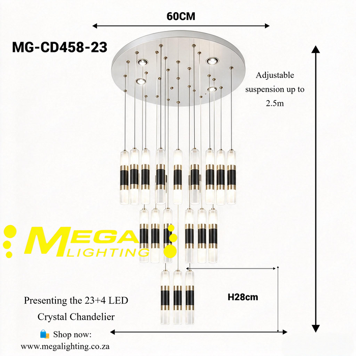MG-CD458-23 23+4 LED Crystal Chandelier, 2.5m adjustable suspension, 3 colour wall switch control, black gold crystal tube staircase light MEGA LIGHTING South Africa