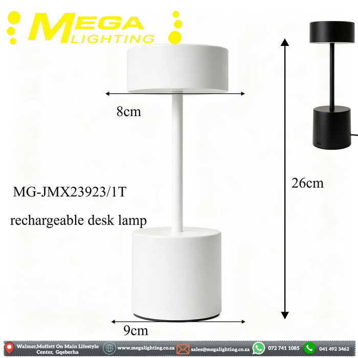 Rechargeable Modern LED Table Lamp – Cordless Bedside Desk Lamp | Minimalist Cylinder Design | Matte White / Matte Black | USB Rechargeable | Soft Downward Lighting for Bedroom, Hotel &amp; Home Decor | MEGA LIGHTING South Africa