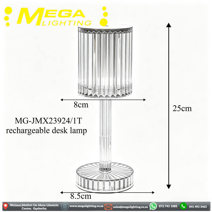 MG-JMX23924/1T Rechargeable Ribbed Crystal Projection Table Lamp, 3-Colour LED cordless decorative table lamp, MEGA LIGHTING South Africa
