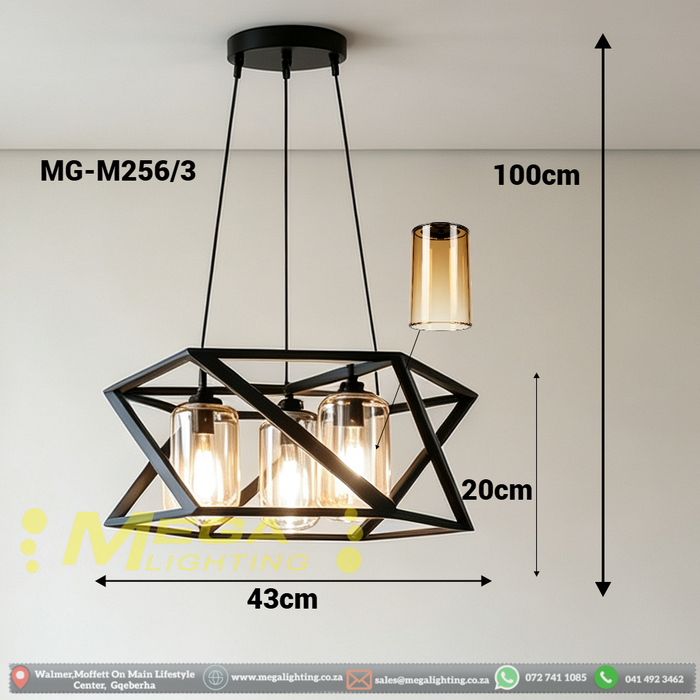 MG‑M256/3 Industrial Geometric Pendant Light, 43cm with 3 Amber Cylinder Glass Shades, Adjustable 100cm Cord | MEGA LIGHTING South Africa