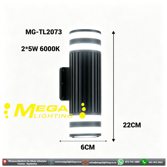 Outdoor LED Wall Light – 10W 6000K Cool White | Up &amp; Down Dual Lighting | Waterproof Exterior Sconce with Ribbed Black Housing for Villa Facade, Garden Walkway &amp; Boundary Wall | MEGA LIGHTING South Africa