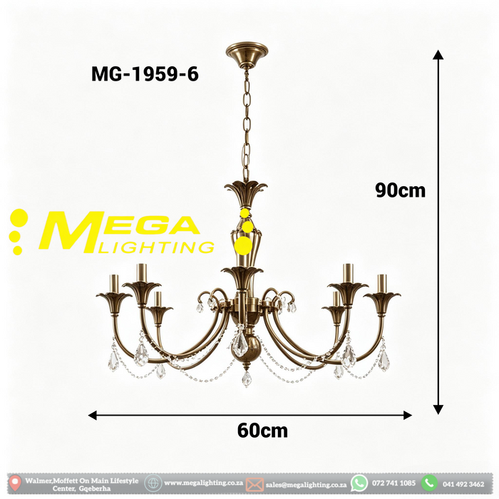 MG‑1959‑6 6‑arm vintage brass crystal chandelier antique‑brass frame crystal drops bead‑chains adjustable chain MEGA LIGHTING South Africa