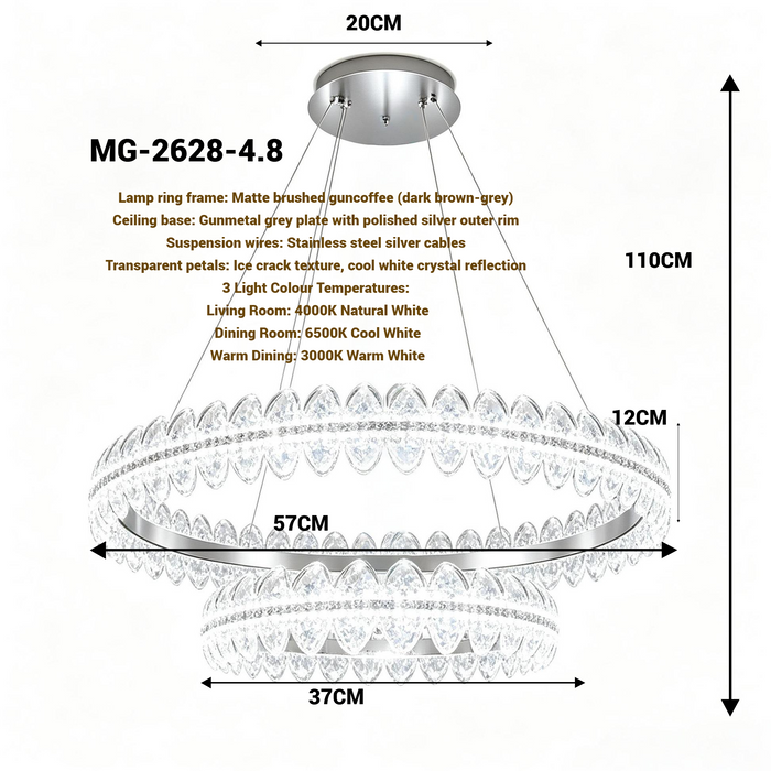MG‑2628‑4.8 double‑ring crystal chandelier polished gold‑frame 57+37cm 3‑colour switchable adjustable‑110cm MEGA LIGHTING South Africa