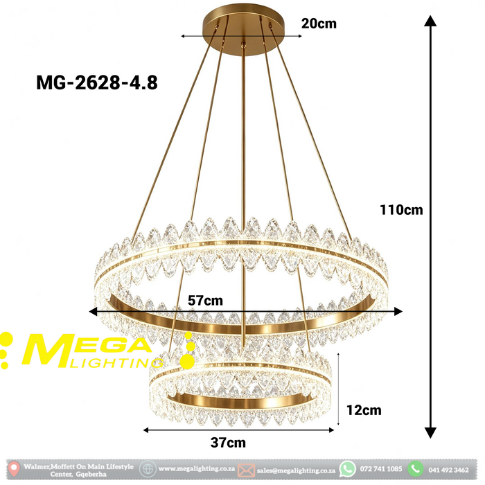 MG‑2628‑4.8 double‑tier gold crystal chandelier 57cm+37cm rings adjustable height MEGA LIGHTING South Africa