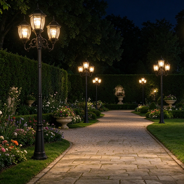 MG‑70020/3 3‑head vintage garden post light 2m tall IP65‑waterproof black European‑lantern outdoor lamp post MEGA LIGHTING South Africa