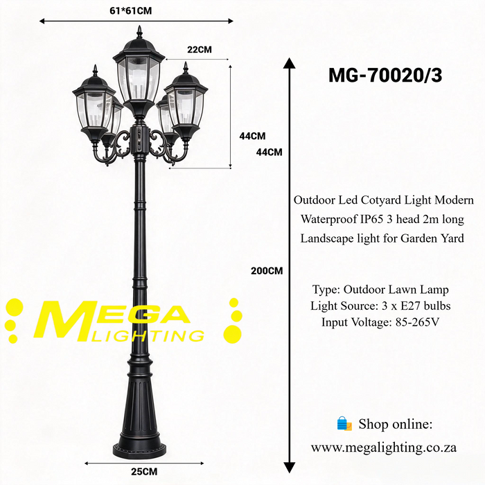 MG‑70020/3 3‑head vintage garden post light 2m tall IP65‑waterproof black European‑lantern outdoor lamp post MEGA LIGHTING South Africa
