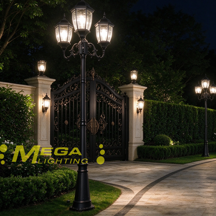 MG‑70020/3 3‑head vintage garden post light 2m tall IP65‑waterproof black European‑lantern outdoor lamp post MEGA LIGHTING South Africa