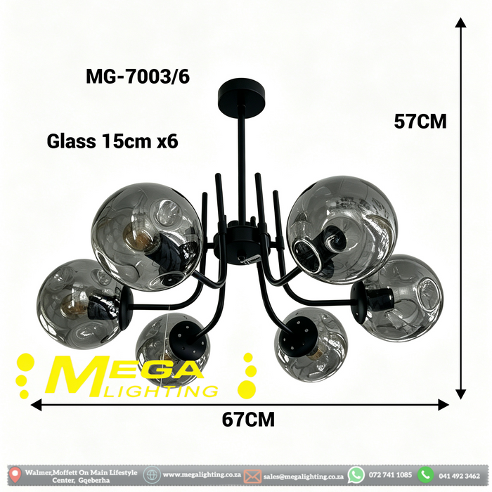MG‑7003/6 6‑light chandelier smoked dimpled glass full matte black two‑tier curved arms W67×H57cm MEGA LIGHTING South Africa