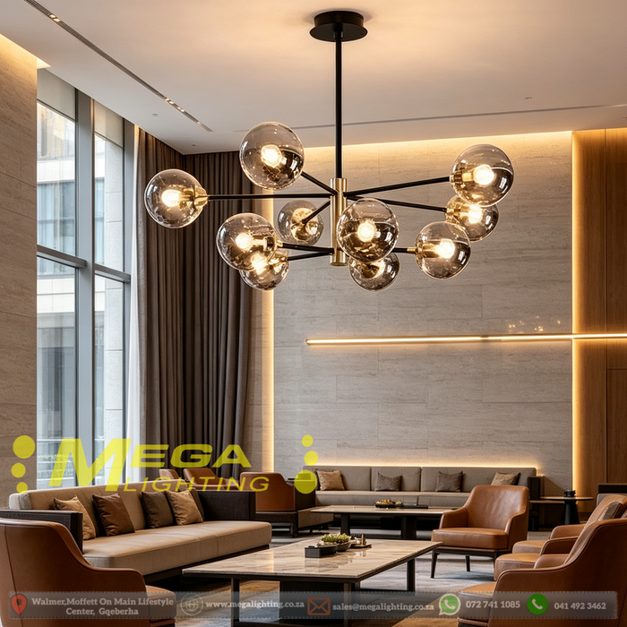 MG‑7005/10 Sputnik 10‑light chandelier smoke mirror glass black gold frame high ceiling villa foyer MEGA LIGHTING South Africa