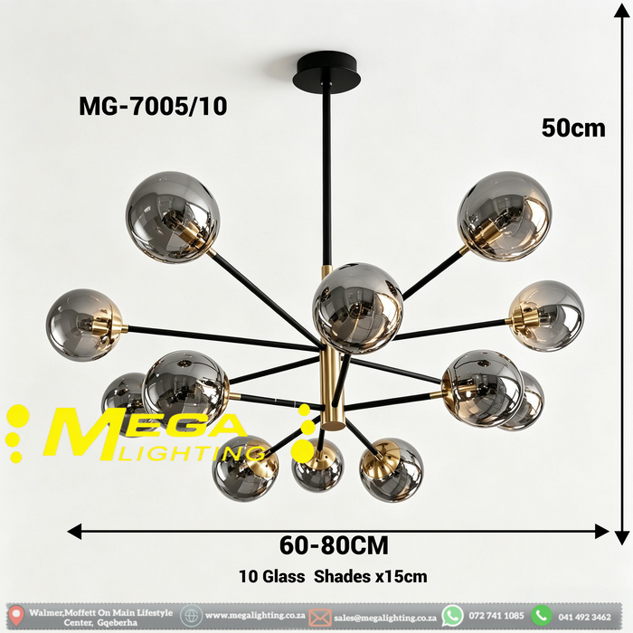 MG‑7005/10 Sputnik 10‑light chandelier smoke mirror glass black gold frame high ceiling villa foyer MEGA LIGHTING South Africa