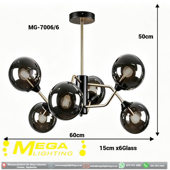 MG‑7006/6 modern Sputnik 6‑light pendant light smoke‑tinted glass black‑gold frame 60×50cm MEGA LIGHTING South Africa