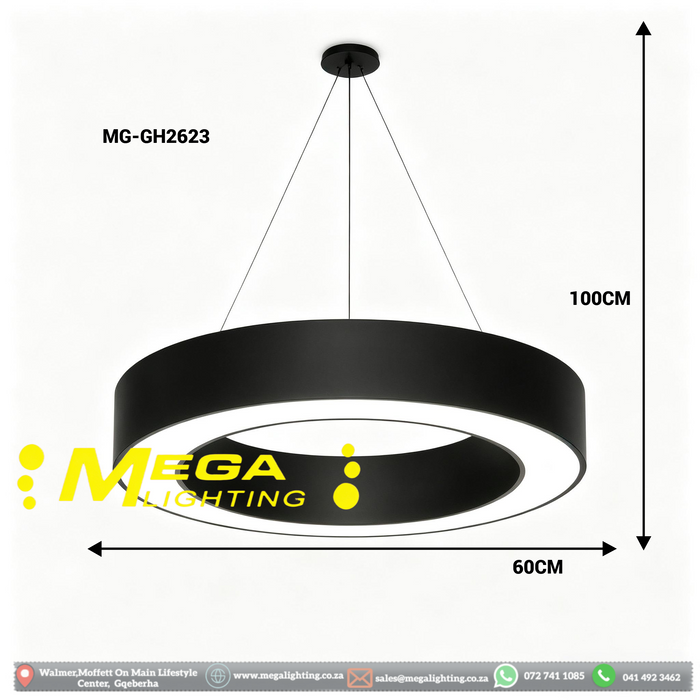 MG‑GH2623 circular hollow ring LED pendant light 60cm matte‑black adjustable 100cm height MEGA LIGHTING South Africa