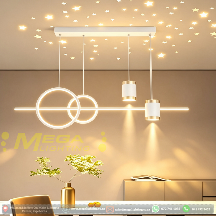 100cm modern white linear LED pendant light, remote controlled 3-colour dimmable 3000K 4000K 6000K, 60-120cm adjustable height hanging lamp for dining table kitchen island living room, MEGA LIGHTING South Africa