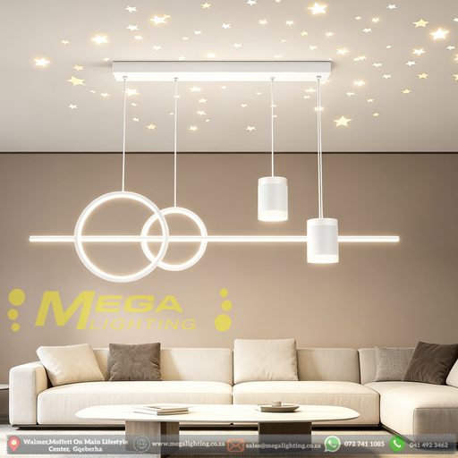 100cm modern white linear LED pendant light, remote controlled 3-colour dimmable 3000K 4000K 6000K, 60-120cm adjustable height hanging lamp for dining table kitchen island living room, MEGA LIGHTING South Africa