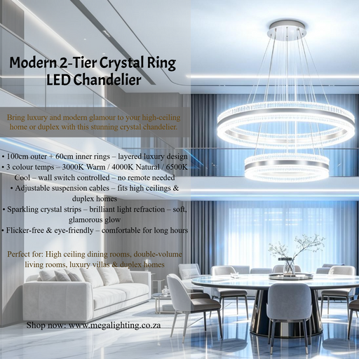 Modern 2‑Tier crystal‑ring LED chandelier 100cm+60cm rings 3‑colour switchable adjustable suspension MEGA LIGHTING South Africa