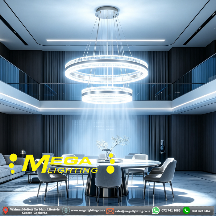 Modern 2‑Tier crystal‑ring LED chandelier 100cm+60cm rings 3‑colour switchable adjustable suspension MEGA LIGHTING South Africa