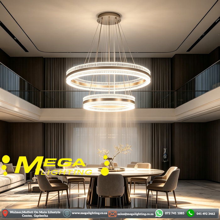 Modern 2‑Tier crystal‑ring LED chandelier 100cm+60cm rings 3‑colour switchable adjustable suspension MEGA LIGHTING South Africa