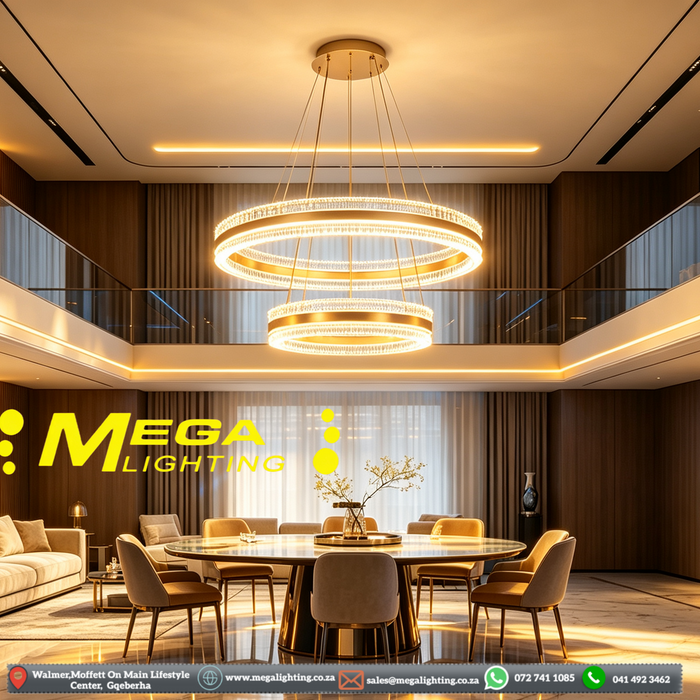 Modern 2‑Tier crystal‑ring LED chandelier 100cm+60cm rings 3‑colour switchable adjustable suspension MEGA LIGHTING South Africa