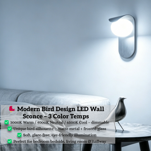 Modern bird design LED wall sconce with curved silhouette, matte black finish, soft warm glow for bedroom bedside lighting.