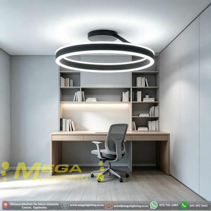 Black circular LED ceiling light with adjustable CCT (3000K/4000K/6500K) mounted in a modern dining room, minimalist design, 50cm diameter, South Africa.