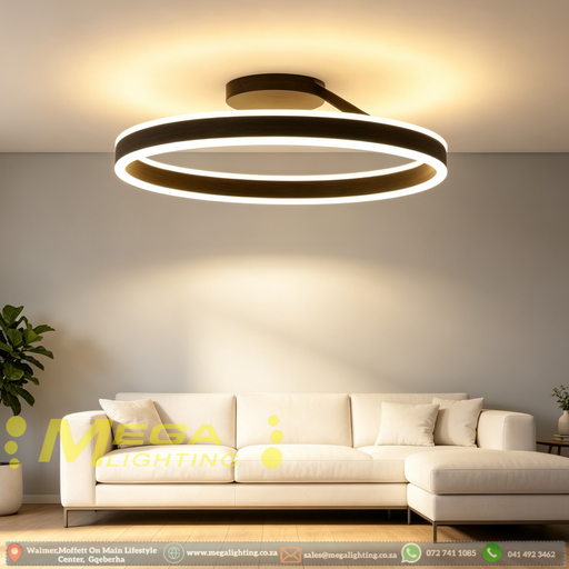Black circular LED ceiling light with adjustable CCT (3000K/4000K/6500K) mounted in a modern dining room, minimalist design, 50cm diameter, South Africa.