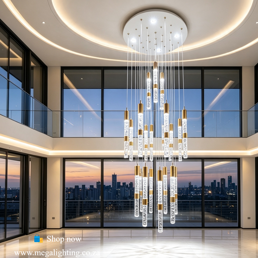Waterfall Bubble Crystal Chandelier, 23+4 LED, 2.5m adjustable height, 3 colour modes, polished gold bubble crystal tube staircase light MEGA LIGHTING South Africa