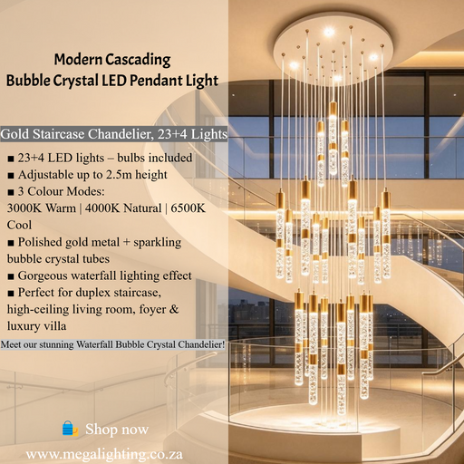 Waterfall Bubble Crystal Chandelier, 23+4 LED, 2.5m adjustable height, 3 colour modes, polished gold bubble crystal tube staircase light MEGA LIGHTING South Africa